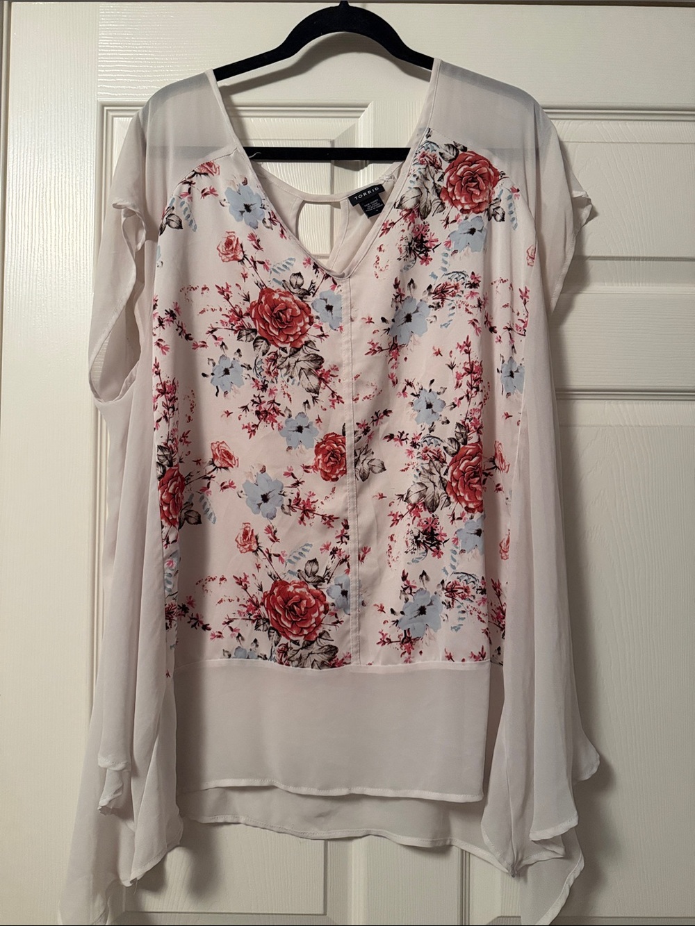 torrid White Blouse with Rose & Blue Floral Print